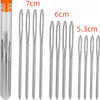 Stainless steel large eye hand sewing needle kit with various sizes including 7cm, 6cm, and 5.3cm needles