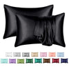 A pack of two black satin pillowcases shown in various colors including silver, purple, pink, and green.