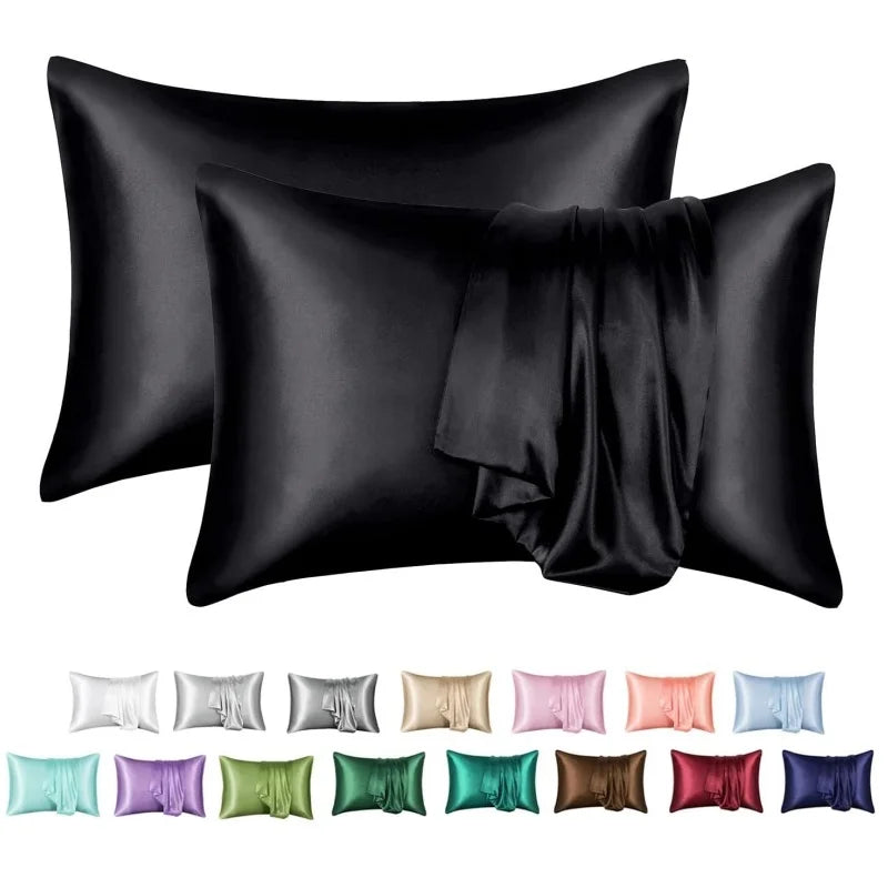 A pack of two black satin pillowcases shown in various colors including silver, purple, pink, and green.