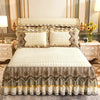 Elegant beige velvet bed skirt with decorative trim and gathered hem