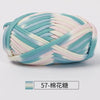 A ball of hand-dyed fabric strip yarn featuring shades of teal, pink, and white.