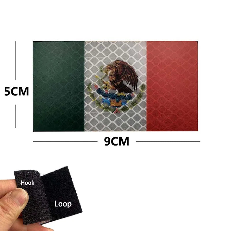 Three vertical embroidery patches featuring green, gray, and red fabric with a central eagle design.