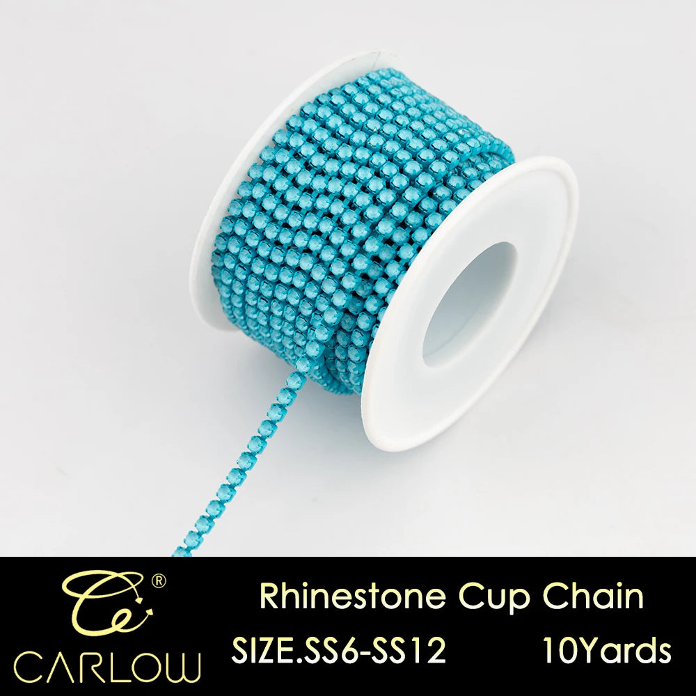 A spool of blue glass rhinestones used to create a cup chain for DIY decoration.