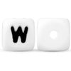 Two white silicone alphabet beads, one showing the letter W and the other blank.