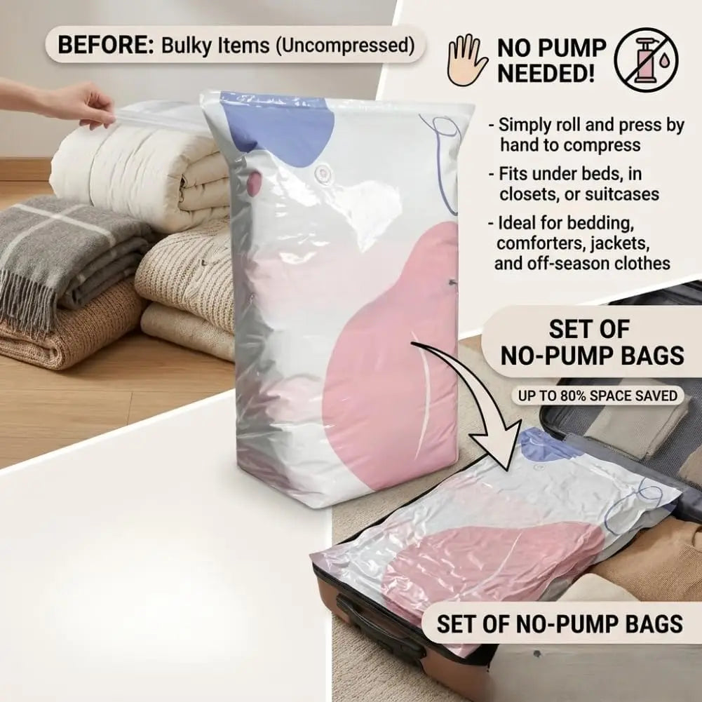 A set of no-pump vacuum storage bags is shown next to bulky items like blankets and clothing.