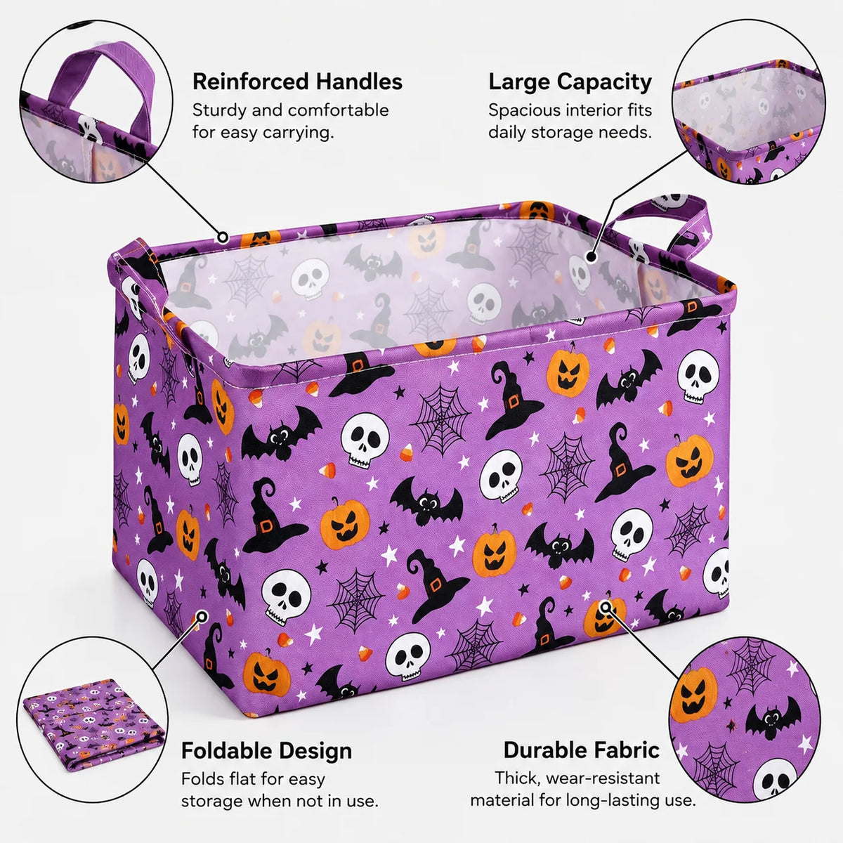 Purple Halloween storage basket with reinforced handles, featuring a durable fabric and large capacity for seasonal items.
