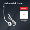 A white USB model 5mW red light dot type laser positioning device with a cable shown against a dark background.
