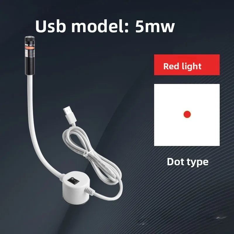 A white USB model 5mW red light dot type laser positioning device with a cable shown against a dark background.