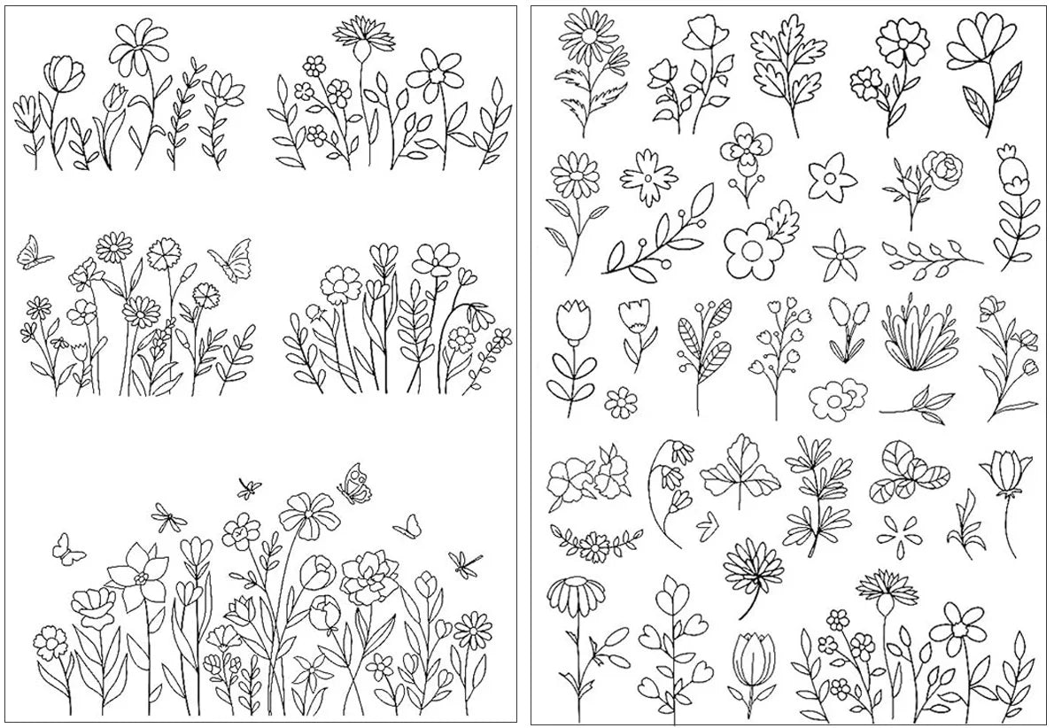 Black and white line art illustrations of various floral and botanical patterns for embroidery.