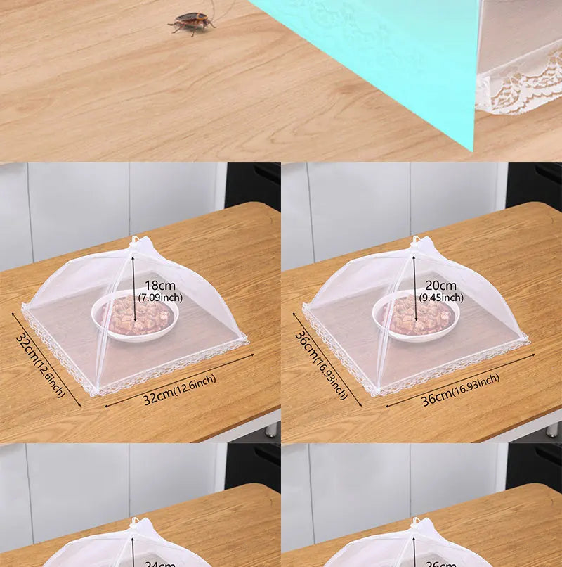 Foldable mesh insect and fly protection covers shown in various sizes on a wooden surface.