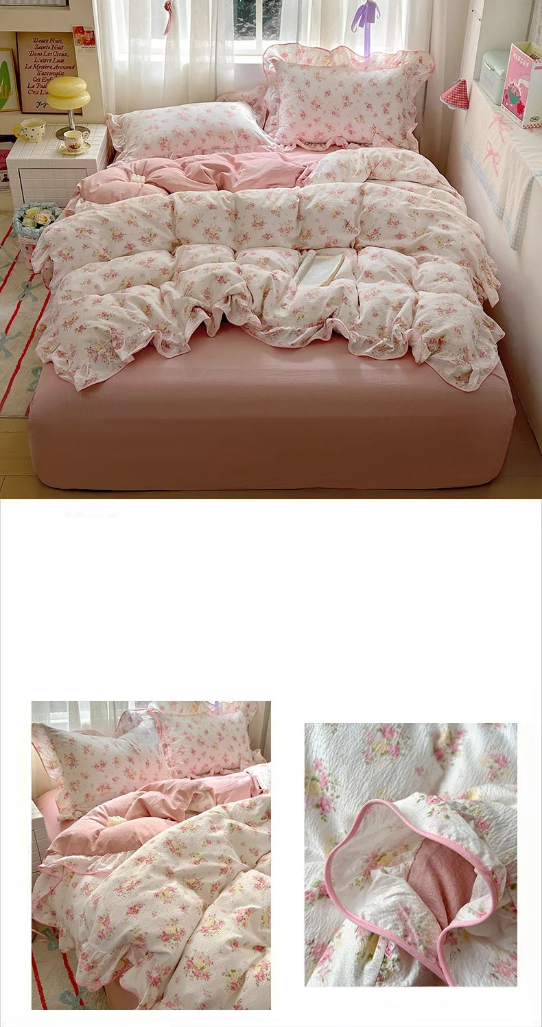 A pink floral bedding set featuring a duvet, pillows, and decorative fabric on a bed.