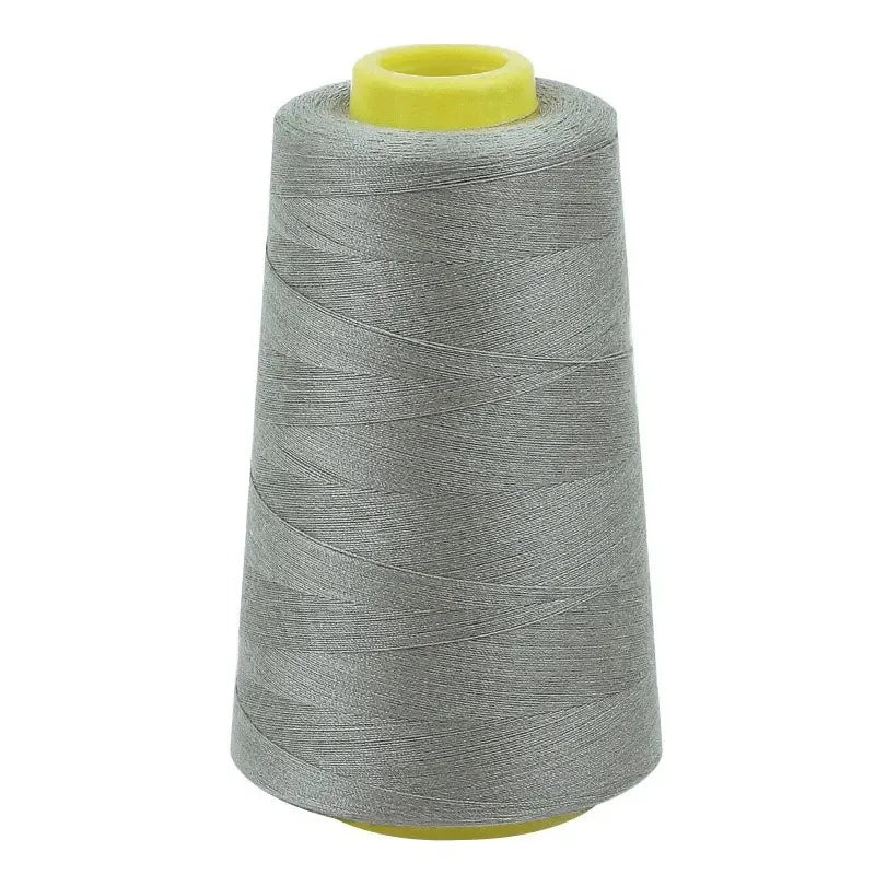 A roll of gray premium sewing thread with a yellow core.