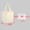 A beige canvas tote bag shown with dimensions, including a size card labeled A4.