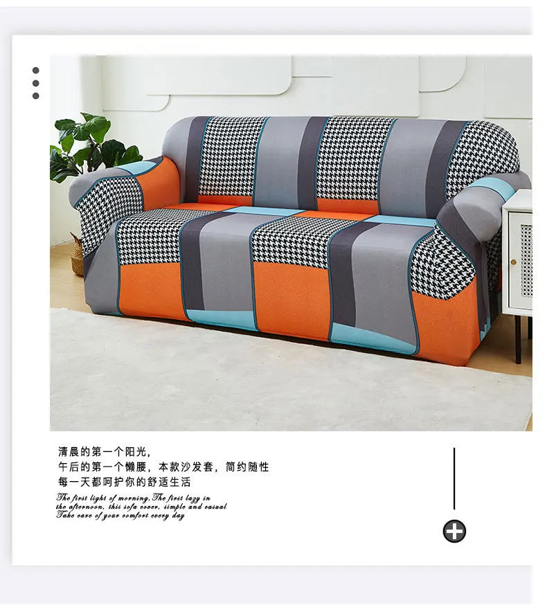 A modern sofa and chair slipcover featuring a patchwork pattern of gray, orange, and black checkered fabric.
