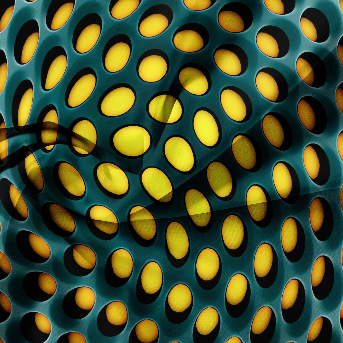 A close-up of a teal duvet cover featuring a repeating pattern of yellow and black oval holes.