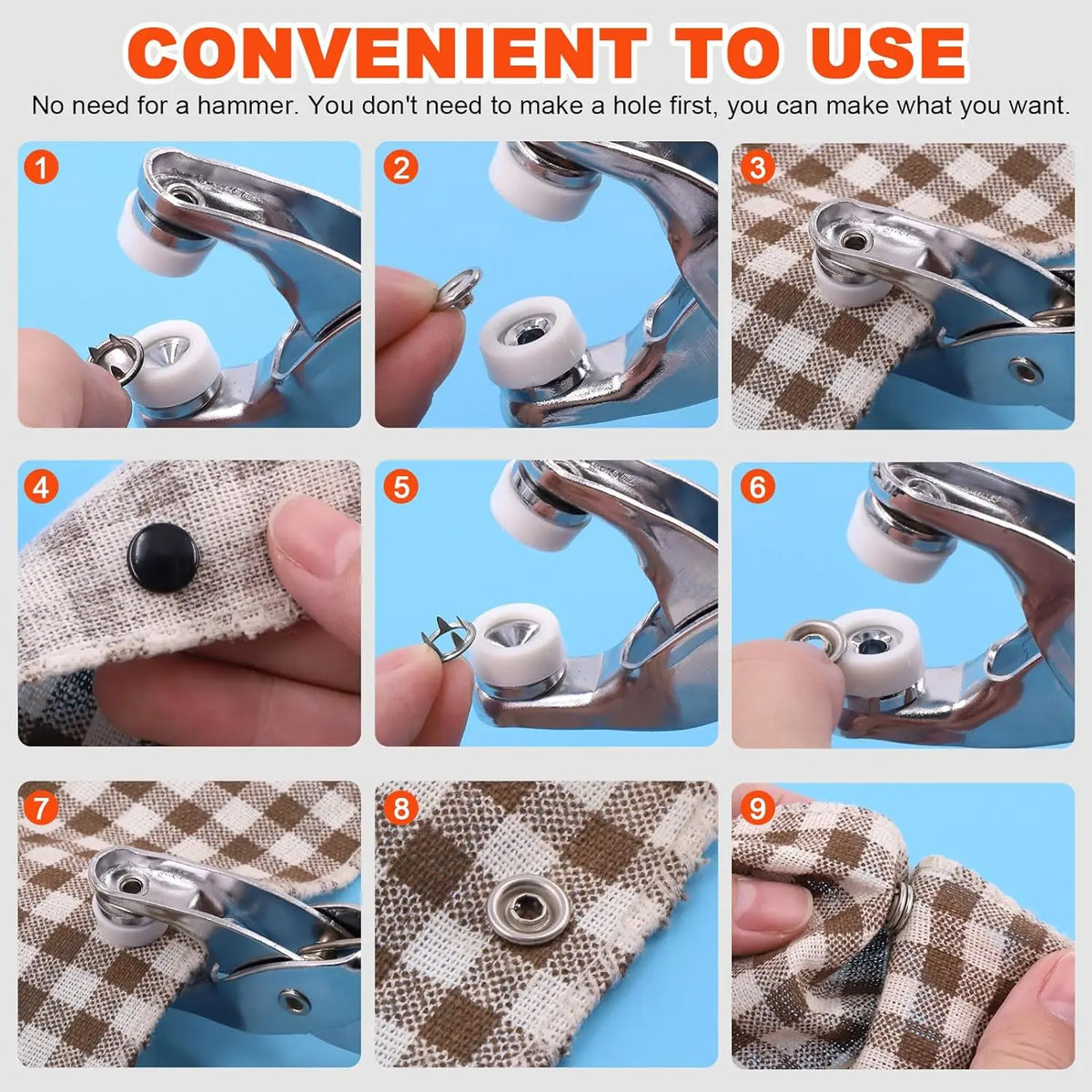 A set of metal prong snap button fasteners shown in various stages of use and application on fabric.