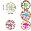 Set of five woven shell coasters featuring floral designs in various shades of green, blue, and purple on natural material
