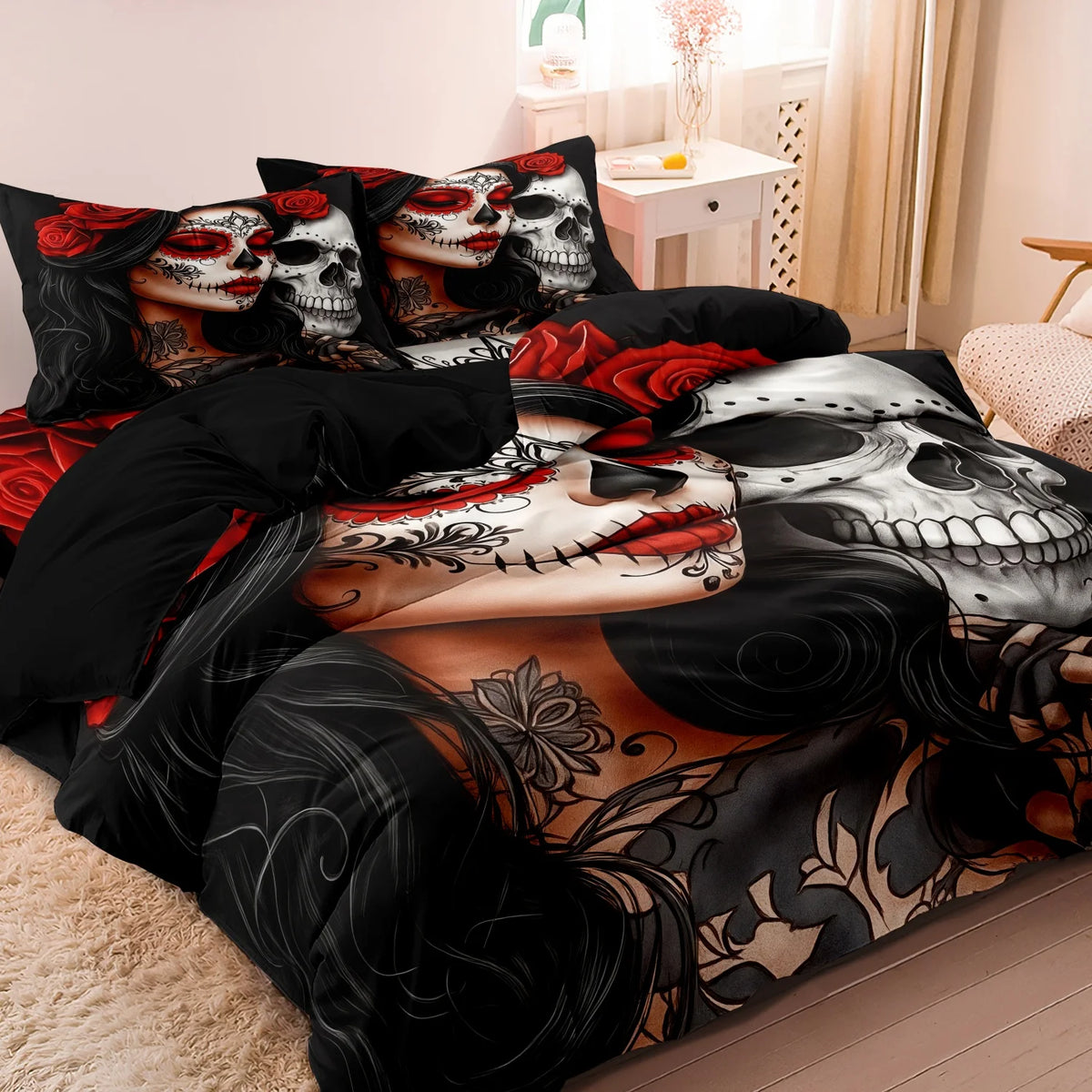 A black and red duvet cover set featuring graphic sugar skull designs on pillows and bedding.
