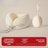 A beige U-shaped memory foam travel neck pillow with a fabric cover shown on a light background.