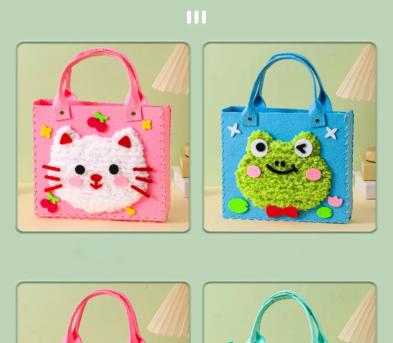Two felt animal craft bags, one pink cat and one blue frog, displayed against a light green background.