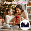 A woman is giving a child a wrapped gift, with a cozy knit throw blanket visible in the foreground.
