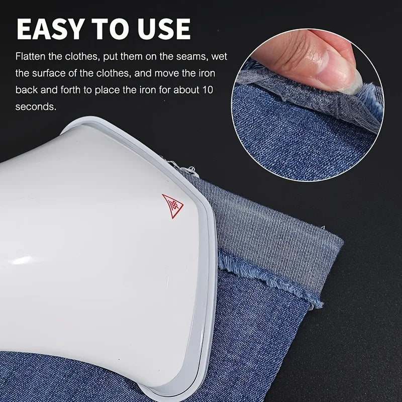 Close-up of a white iron-on fusible hem tape being used to attach fabric to seams.