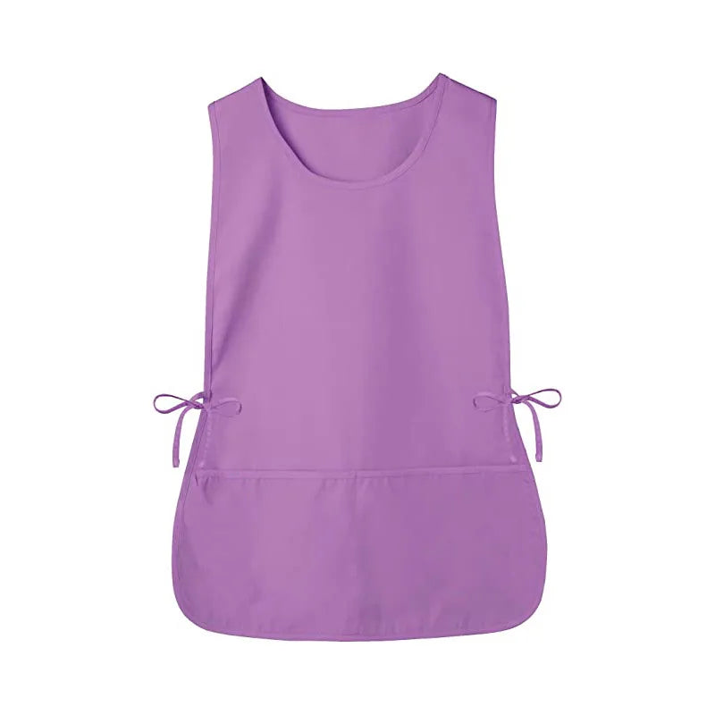 A solid lilac purple polyester apron with tie closures.