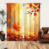 Set of two sheer curtains featuring an autumn maple leaf print with warm orange and yellow light filtering through.