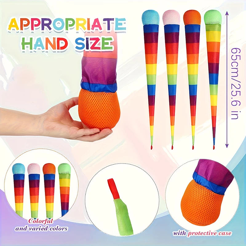 A hand holds an orange rainbow comet ball with a soft tail, shown alongside various colored cones.