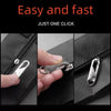 Close-up of a hand using a single click to open a black zippered pocket, showing a metal zipper puller.