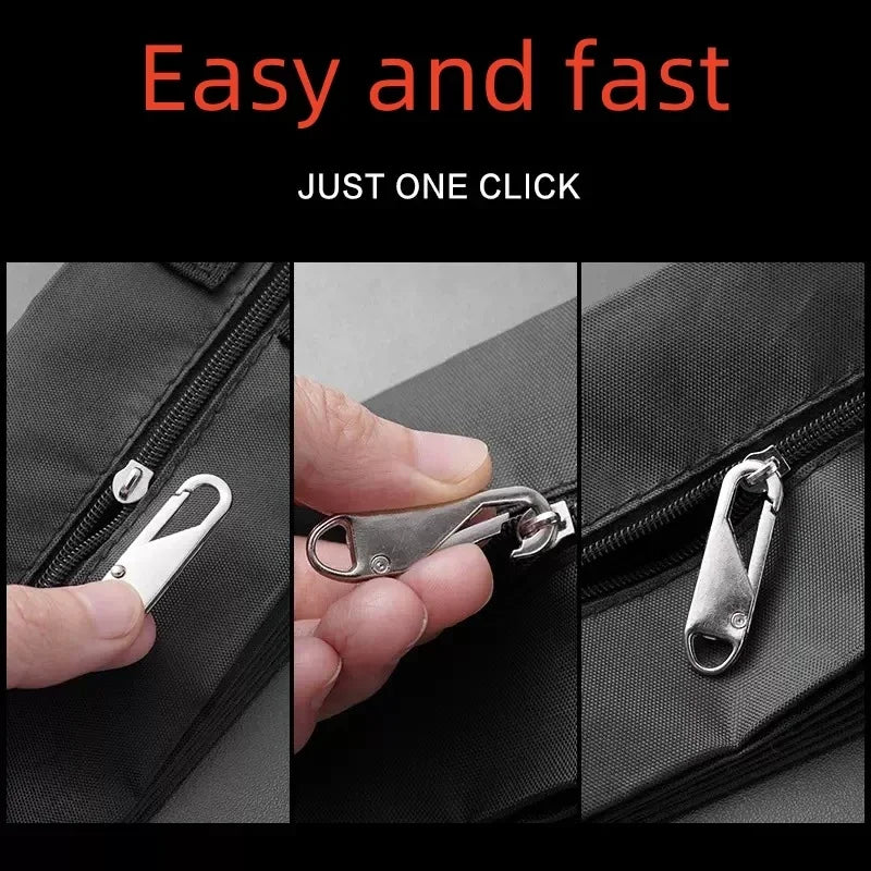 Close-up of a hand using a single click to open a black zippered pocket, showing a metal zipper puller.