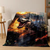 A realistic depiction of a Tyrannosaurus Rex roaring in a fiery jungle environment on a blanket.