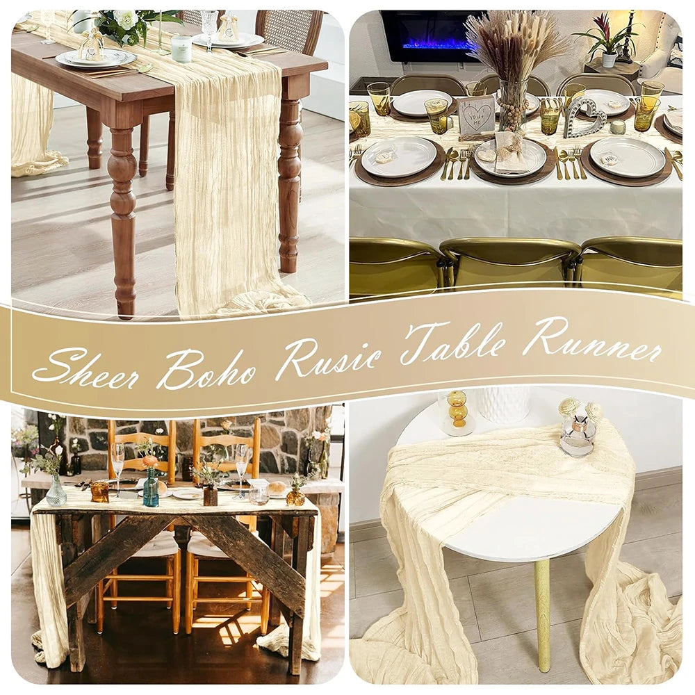 A sheer beige boho gauze table runner draped over a wooden dining table setting.