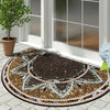 Semi-circular mosaic floor mat with vintage floral print featuring earth tones and blue accents.