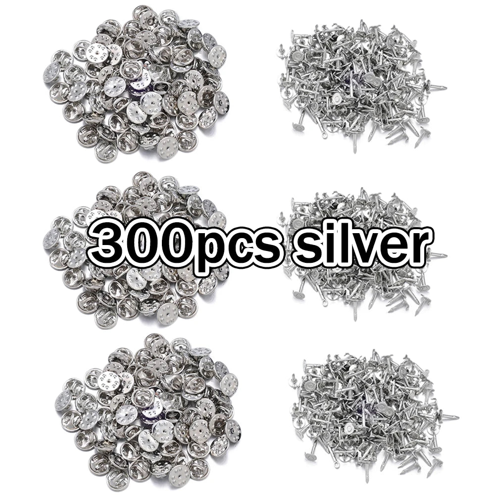 A collection of 300 silver metal pin findings including clasps and tie tacks for jewelry making