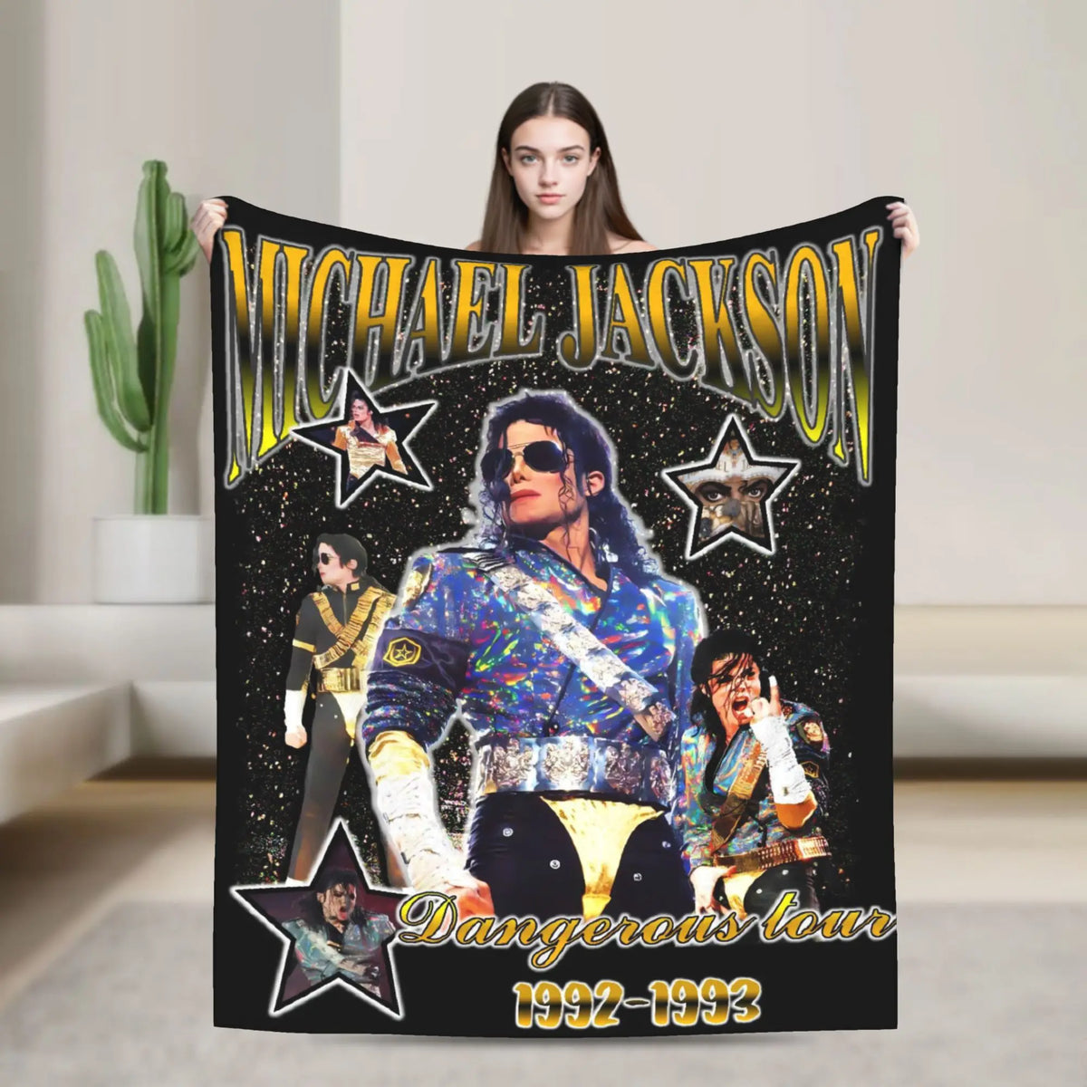 A black graphic throw blanket featuring Michael Jackson and Dangerous Tour imagery.