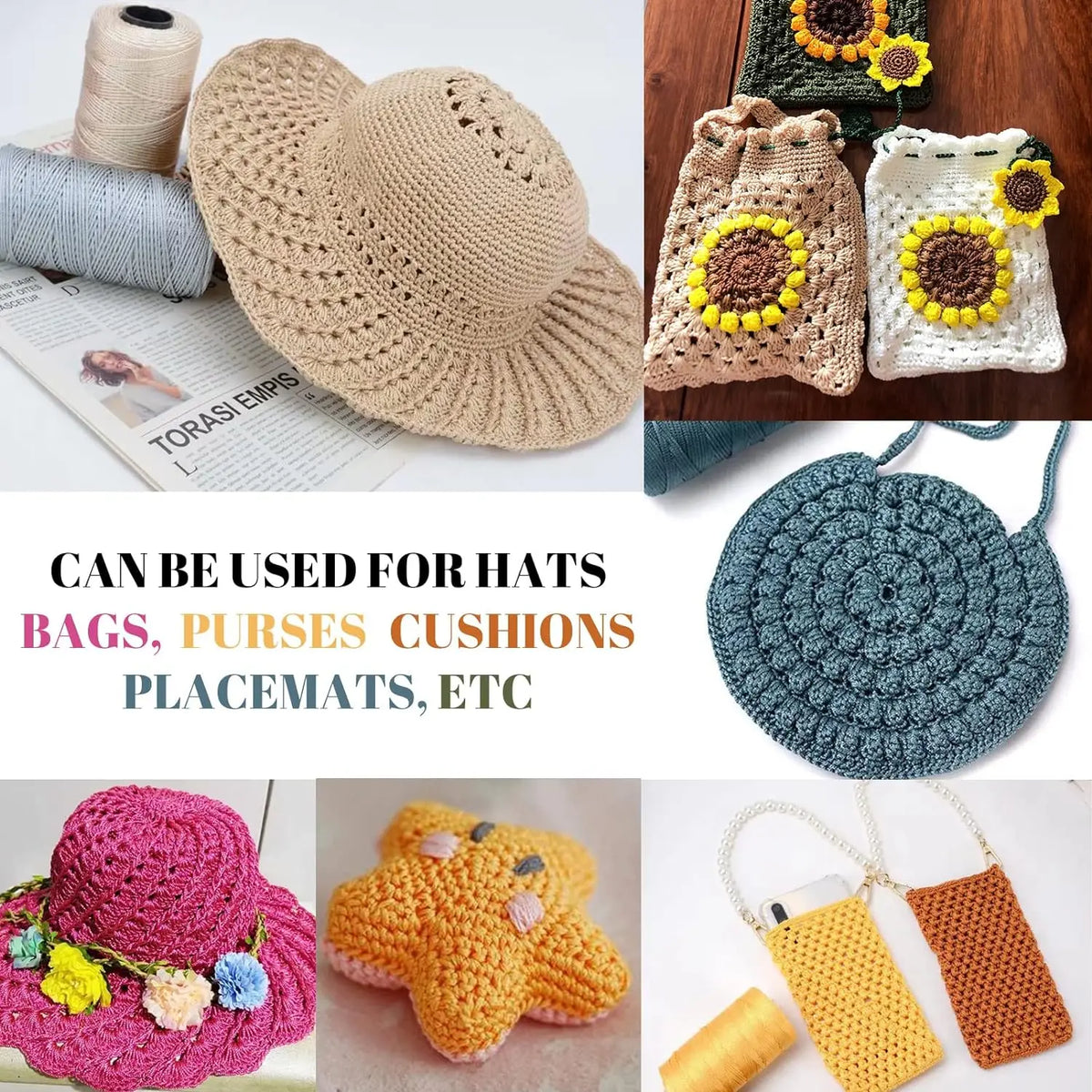 Handmade crochet items including a straw hat, a green bag, and a blue spherical cushion.