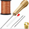 A complete leather craft sewing kit showing a spool of waxed thread, needles, and a gold-colored tool.