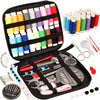 A black sewing kit box containing various threads, needles, scissors, and other tools for beginners.