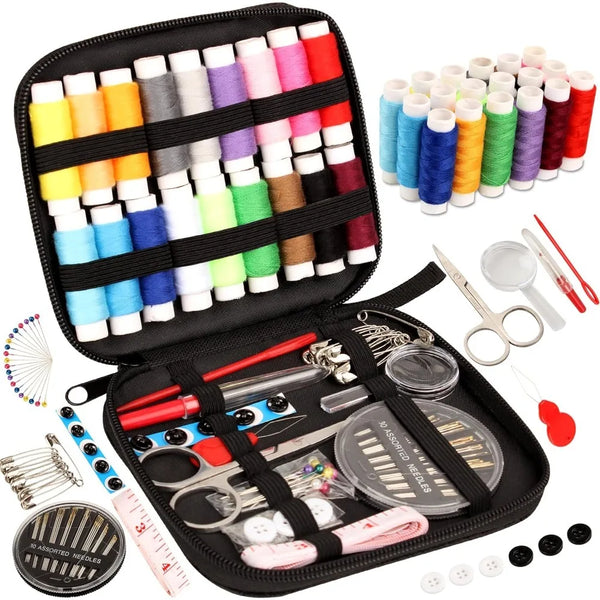 A black sewing kit box containing various threads, needles, scissors, and other tools for beginners.