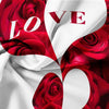A close-up of a red floral print fabric featuring roses and the word LOVE on a white background.