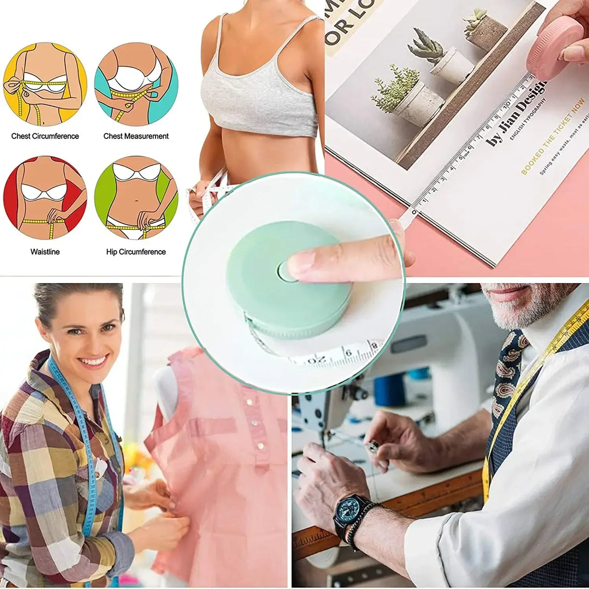A woman is shown using a retractable double-sided measurement tape to measure body dimensions.