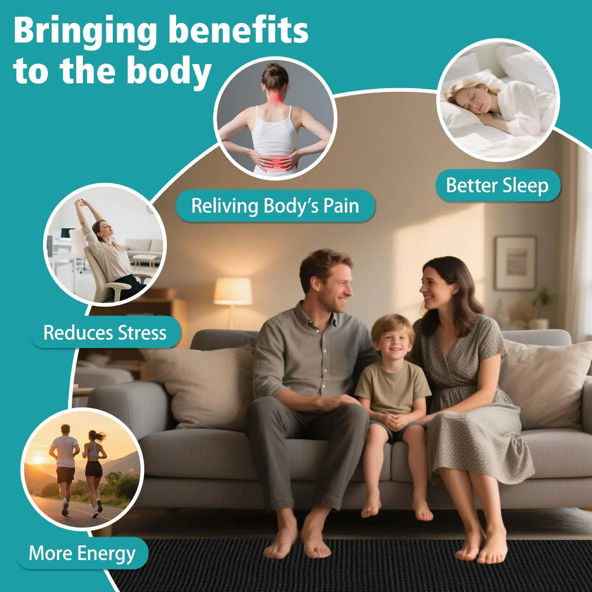 An illustration showing various benefits of a conductive grounding mattress pad for stress relief, including better sleep, re
