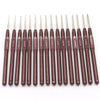 A set of sixteen ergonomic crochet hooks with soft-grip handles in various sizes and shades of brown.