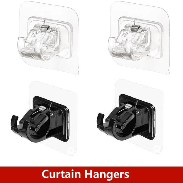 Four types of curtain hangers and brackets for mounting curtain rods on walls.