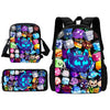 A set of cartoon kids' backpack, shoulder bag, and pencil case featuring various colorful characters and designs.