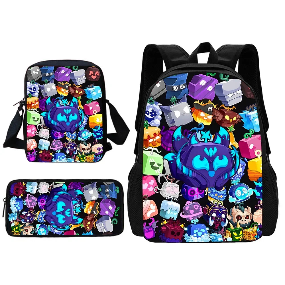 A set of a black cartoon school backpack, shoulder bag, and pencil case filled with various colorful character stickers.