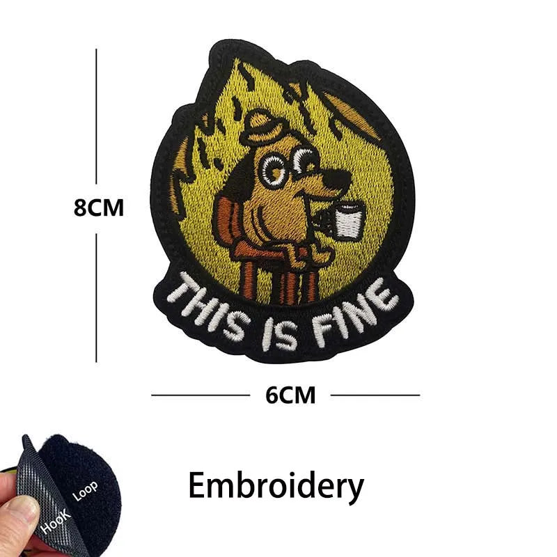 Yellow embroidered patch featuring a dog looking thoughtful with the text This Is Fine