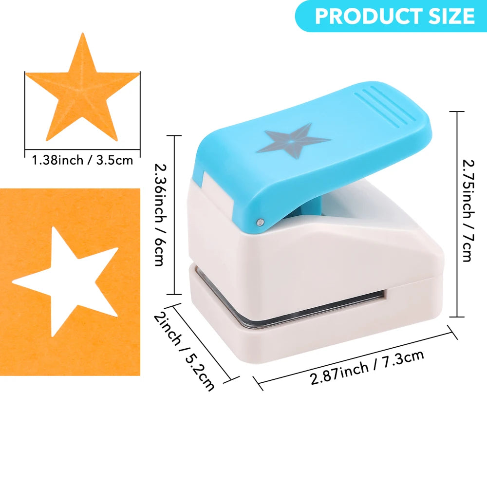 A light blue and white precision embossing and punching tool set with a star-shaped stamp visible.