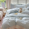 A light blue and white checkered duvet cover set with pillows and a teddy bear on a bed.